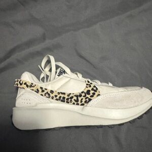 Nike Women's Cream Sneaker with Leopard-Print Swoosh